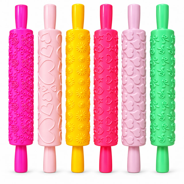 Embossed Plastic and Wood Fondant Rolling Pins with Handle